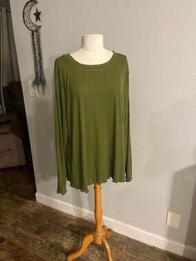 Me by Jennie Garth Olive Green Waffle Knit Long Sleeve Top/Lettuce Edge Trim 3X